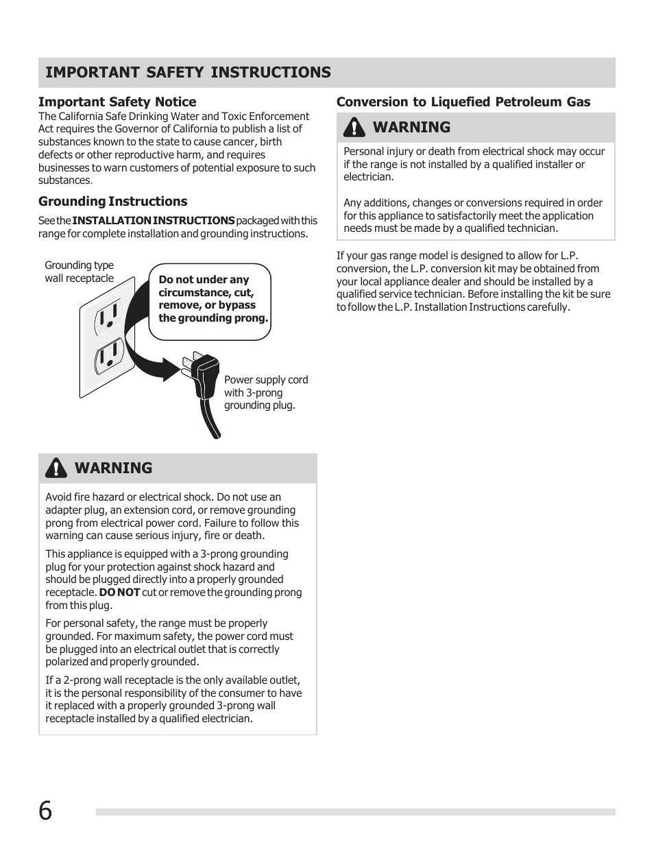 Important safety instructions, Warning | FRIGIDAIRE FFGF3015LB User Manual | Page 6 / 20