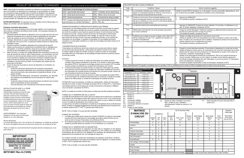 Important, Matrice d’analyse du circuit, K7 k5 k3 | FRIGIDAIRE FPMC3085PF User Manual | Page 3 / 4