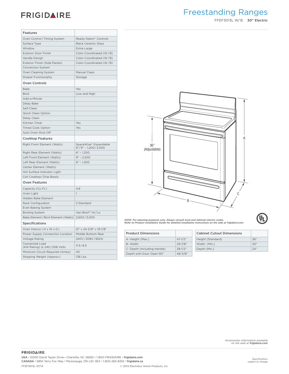 Freestanding ranges | FRIGIDAIRE FFEF3013LB User Manual | Page 2 / 7