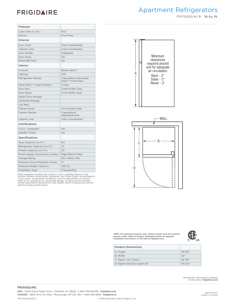 Apartment refrigerators | FRIGIDAIRE FFET1022QB User Manual | Page 2 / 3