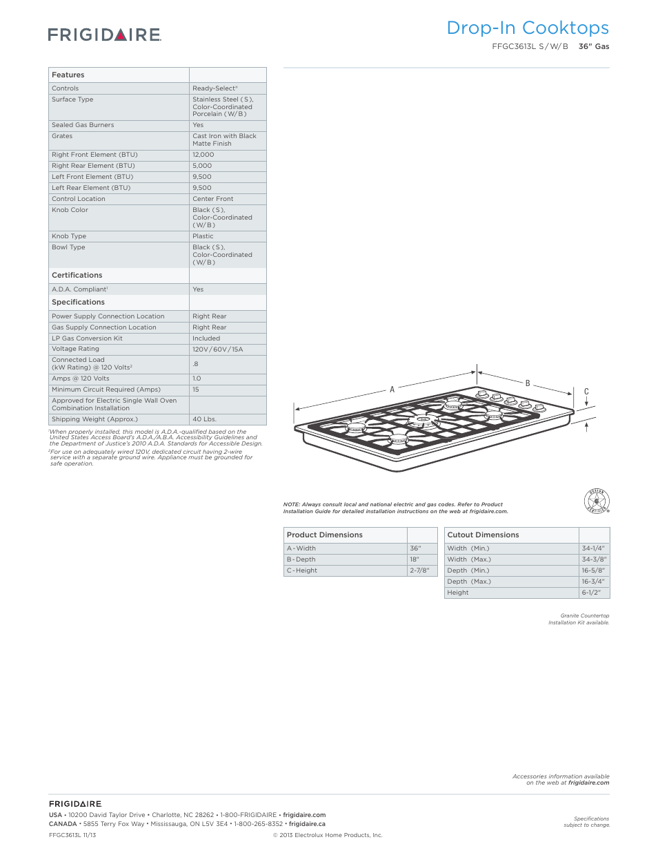 Drop-in gas cooktops frigidaire baseline, Drop-in cooktops | FRIGIDAIRE FFGC3613LS User Manual | Page 2 / 5