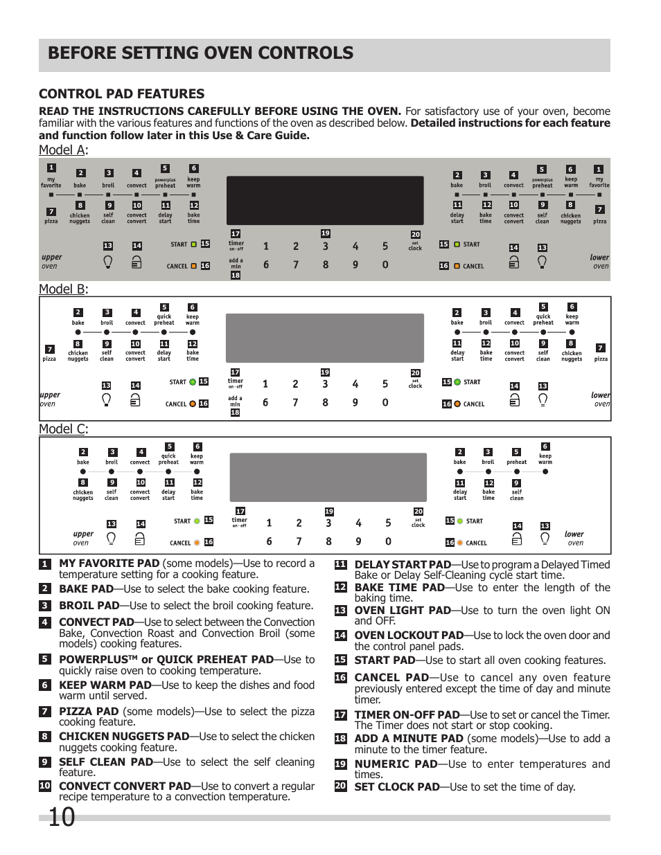 Before setting oven controls, Control pad features, Model a: model b: model c | Bake pad —use to select the bake cooking feature, Broil pad —use to select the broil cooking feature, Powerplus, Start pad —use to start all oven cooking features, Numeric pad —use to enter temperatures and times, Set clock pad —use to set the time of day | FRIGIDAIRE FGET3065KW User Manual | Page 10 / 32