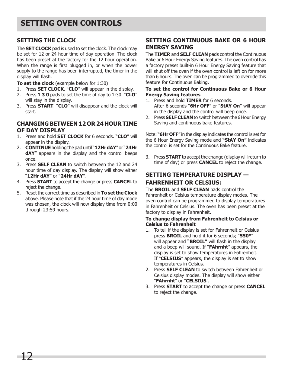 Setting oven controls | FRIGIDAIRE FGET3065KW User Manual | Page 12 / 32