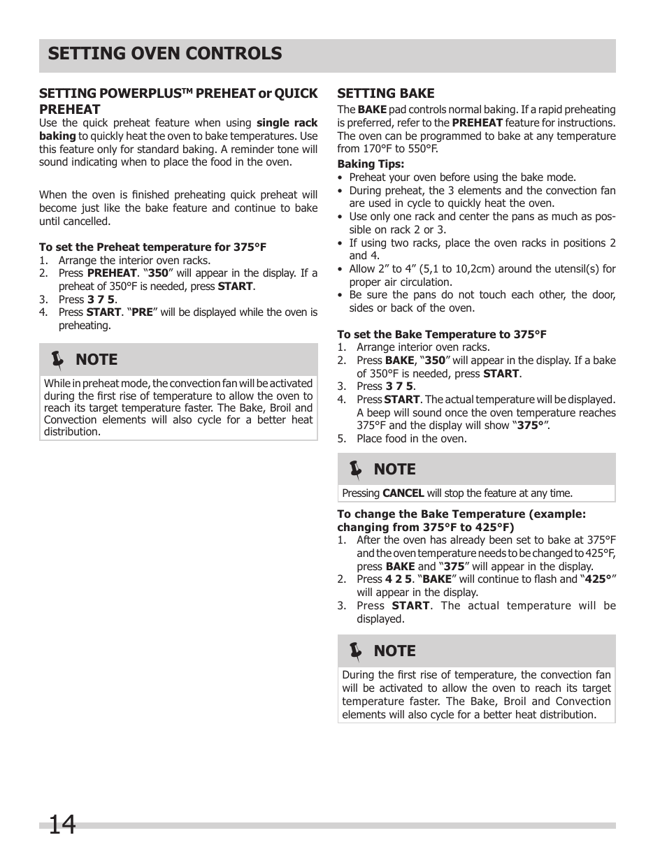 Setting oven controls | FRIGIDAIRE FGET3065KW User Manual | Page 14 / 32