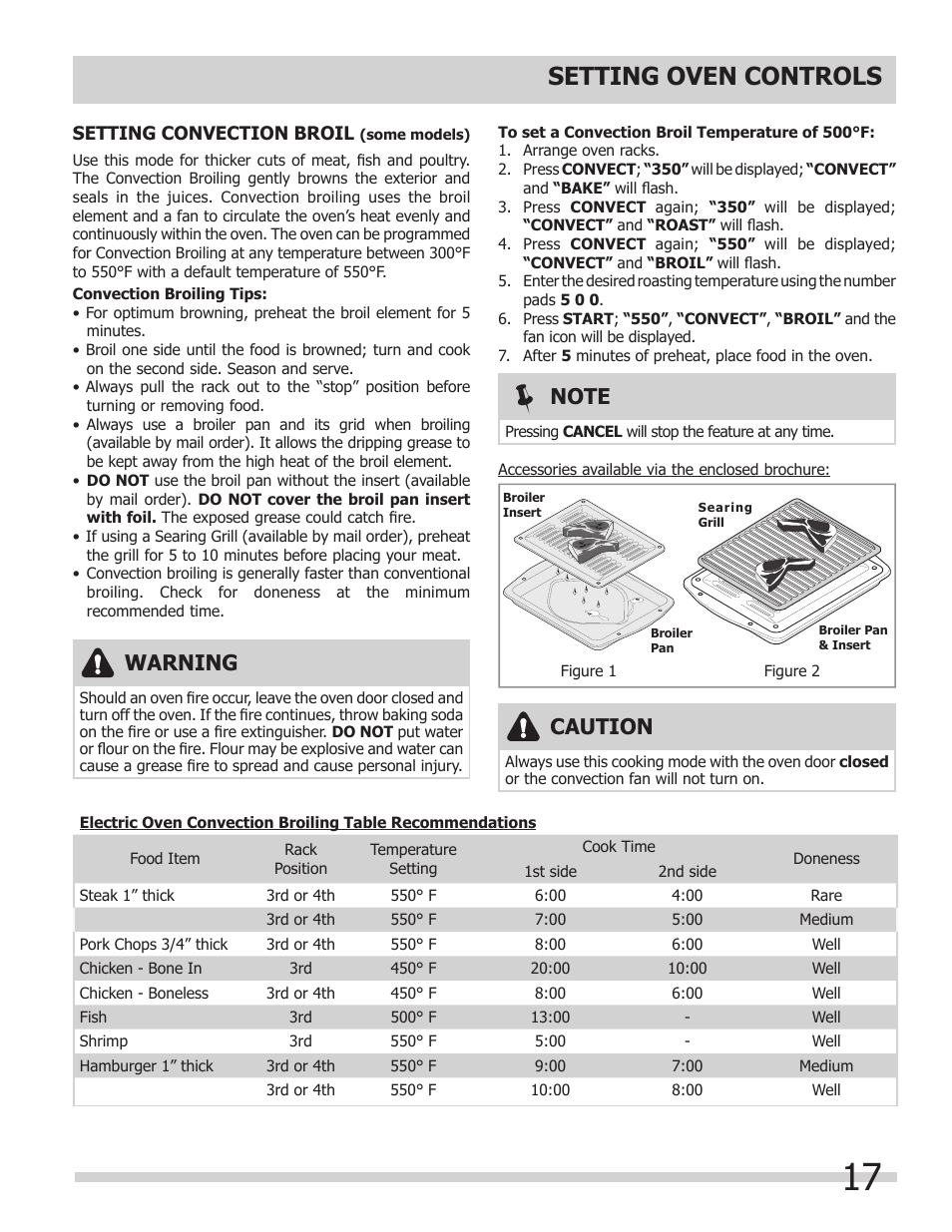 Setting oven controls, Warning, Caution | FRIGIDAIRE FGET3065KW User Manual | Page 17 / 32