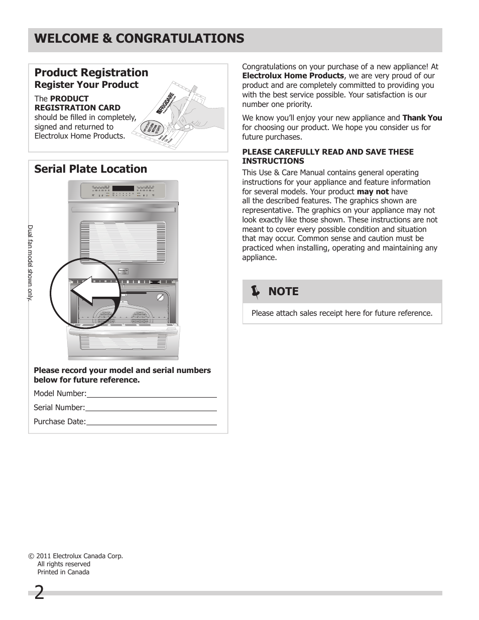 Product registration, Serial plate location | FRIGIDAIRE FGET3065KW User Manual | Page 2 / 32