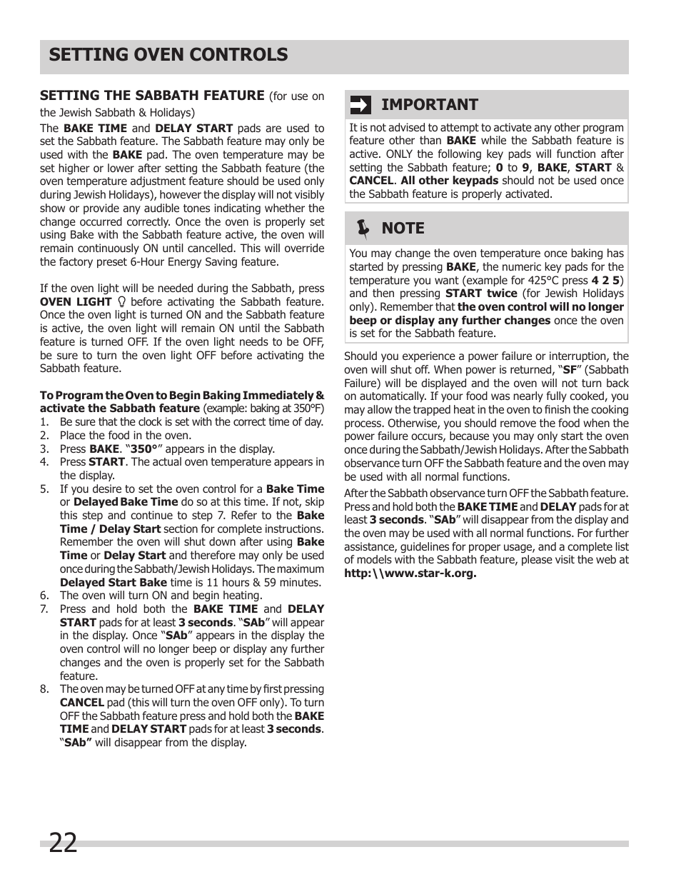 Setting oven controls, Important | FRIGIDAIRE FGET3065KW User Manual | Page 22 / 32