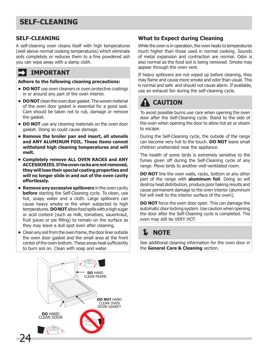 Self-cleaning, Caution, Important | FRIGIDAIRE FGET3065KW User Manual | Page 24 / 32