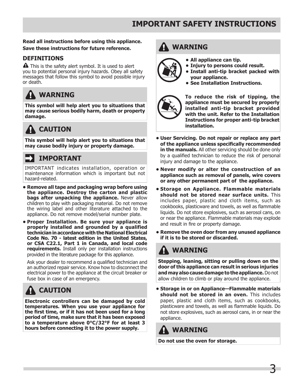 Important safety instructions, Warning, Important | Caution | FRIGIDAIRE FGET3065KW User Manual | Page 3 / 32