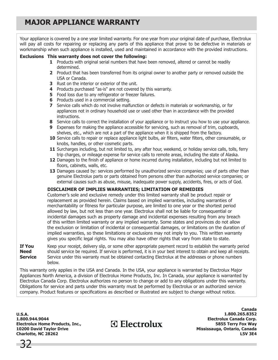 Major appliance warranty | FRIGIDAIRE FGET3065KW User Manual | Page 32 / 32