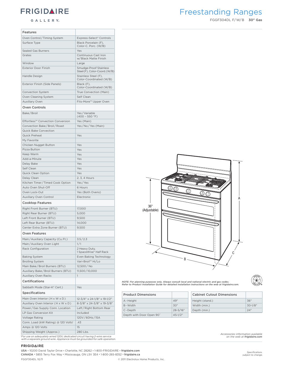 Freestanding ranges | FRIGIDAIRE FGGF304DLF User Manual | Page 2 / 7