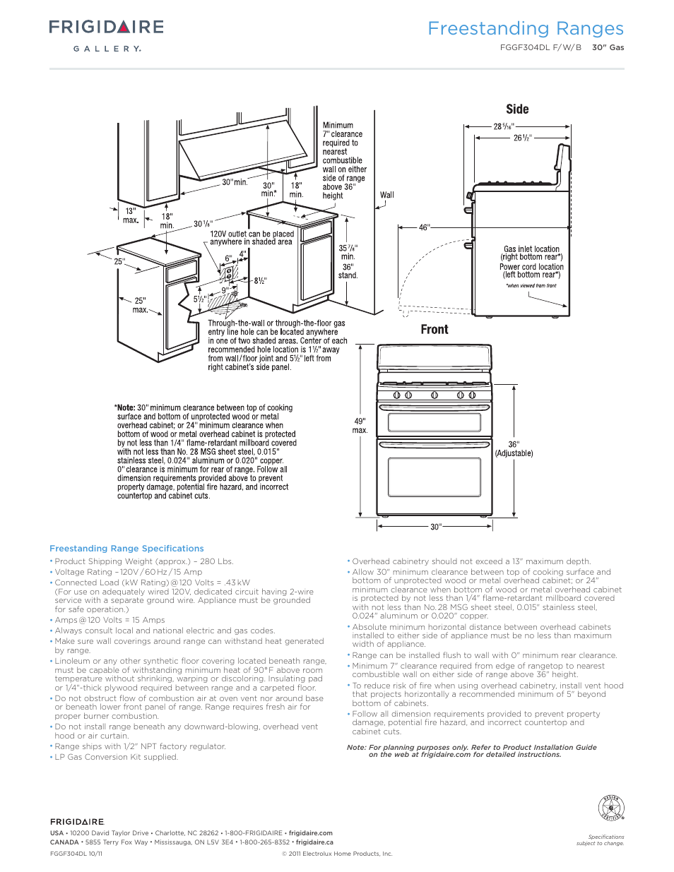 Freestanding ranges | FRIGIDAIRE FGGF304DLF User Manual | Page 3 / 7