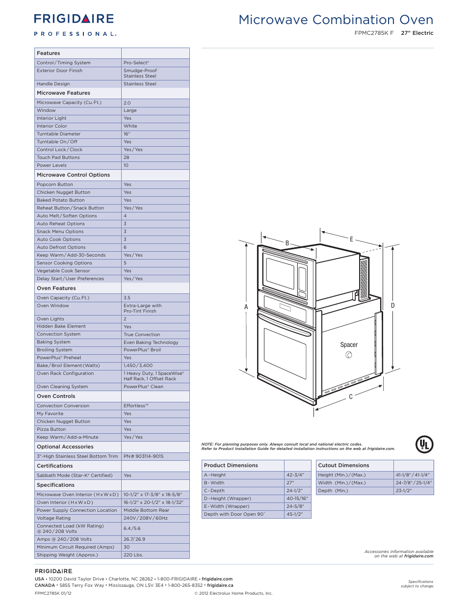 Microwave combination ovens frigidaire baseline, Microwave combination oven | FRIGIDAIRE FPMC2785KF User Manual | Page 2 / 5
