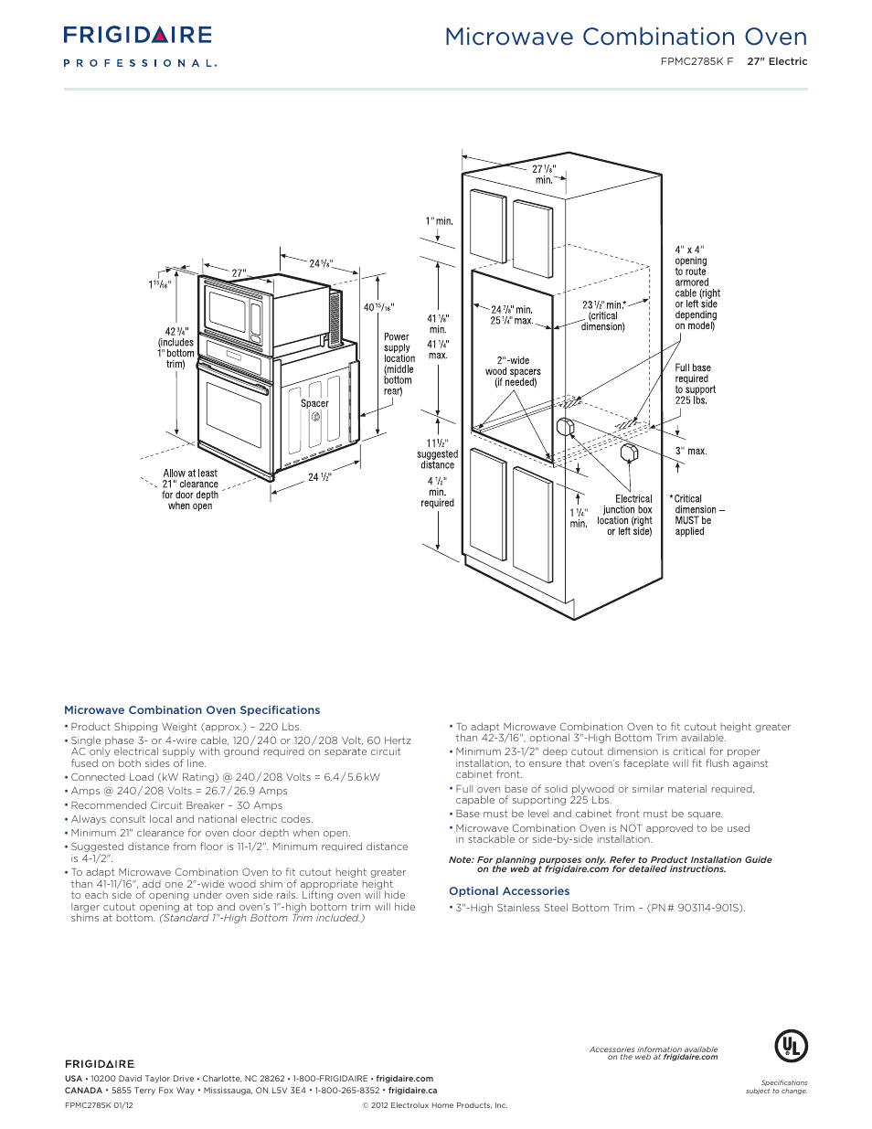 27" microwave / wall oven combination professional, Microwave combination oven | FRIGIDAIRE FPMC2785KF User Manual | Page 3 / 5