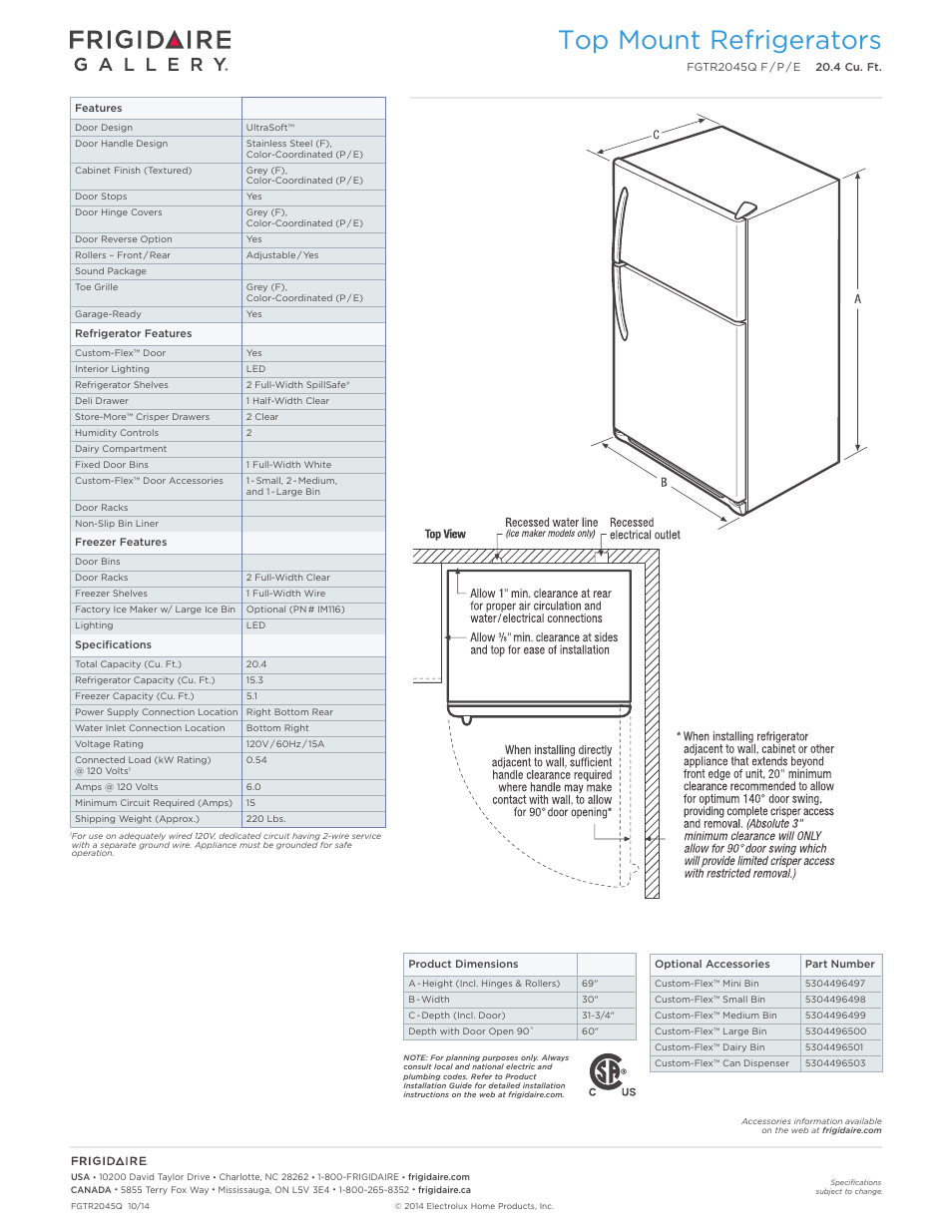 Top mount refrigerators frigidaire gallery, Top mount refrigerators | FRIGIDAIRE FGTR2045QE User Manual | Page 2 / 4