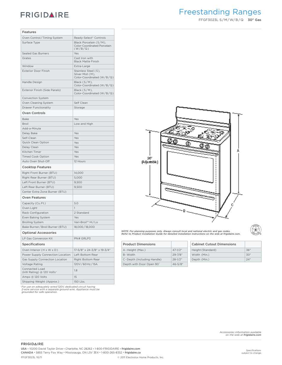 Freestanding ranges | FRIGIDAIRE FFGF3023LS User Manual | Page 2 / 7