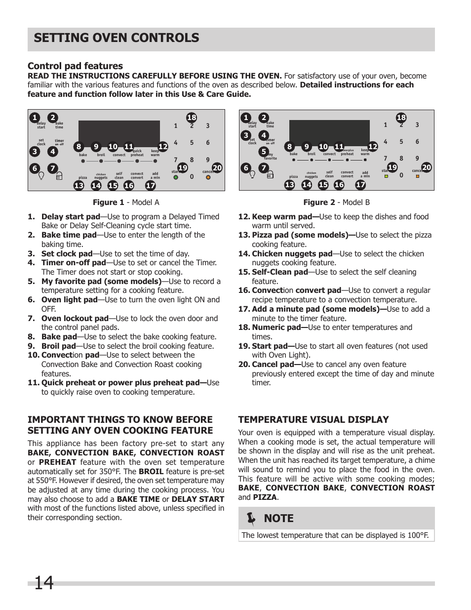 Setting oven controls, Control pad features, Temperature visual display | FRIGIDAIRE FGGS3065KB User Manual | Page 14 / 40