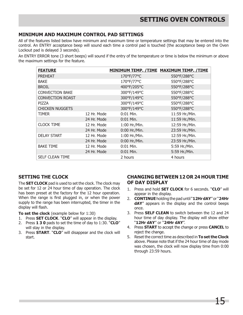 Setting oven controls | FRIGIDAIRE FGGS3065KB User Manual | Page 15 / 40