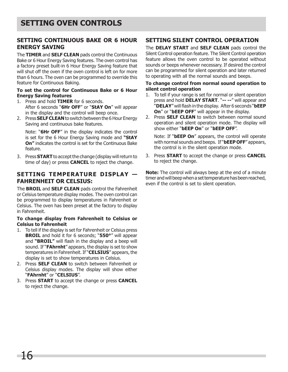 Setting oven controls | FRIGIDAIRE FGGS3065KB User Manual | Page 16 / 40