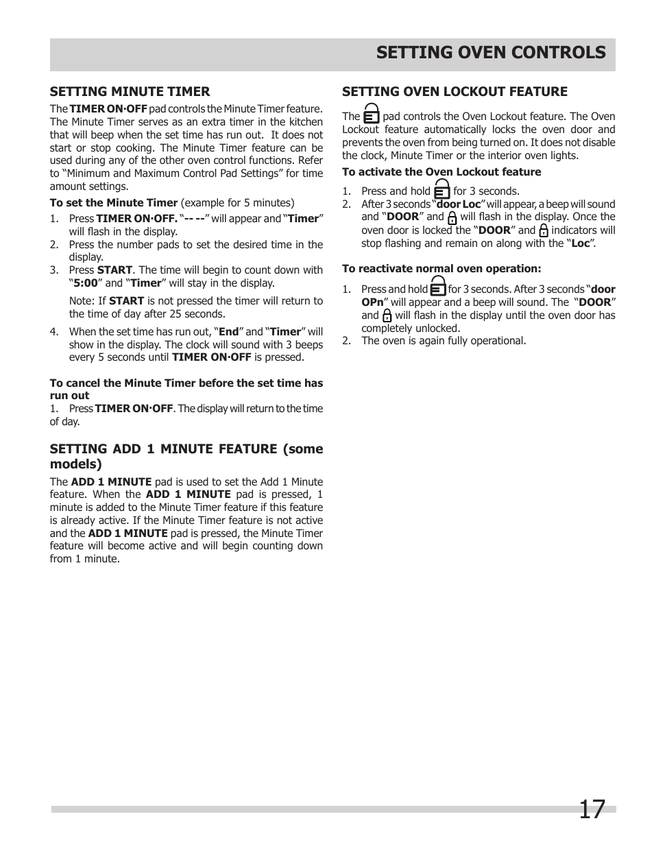 Setting oven controls | FRIGIDAIRE FGGS3065KB User Manual | Page 17 / 40