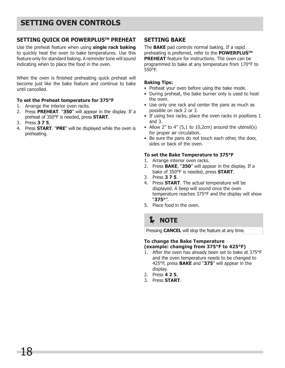 Setting oven controls | FRIGIDAIRE FGGS3065KB User Manual | Page 18 / 40