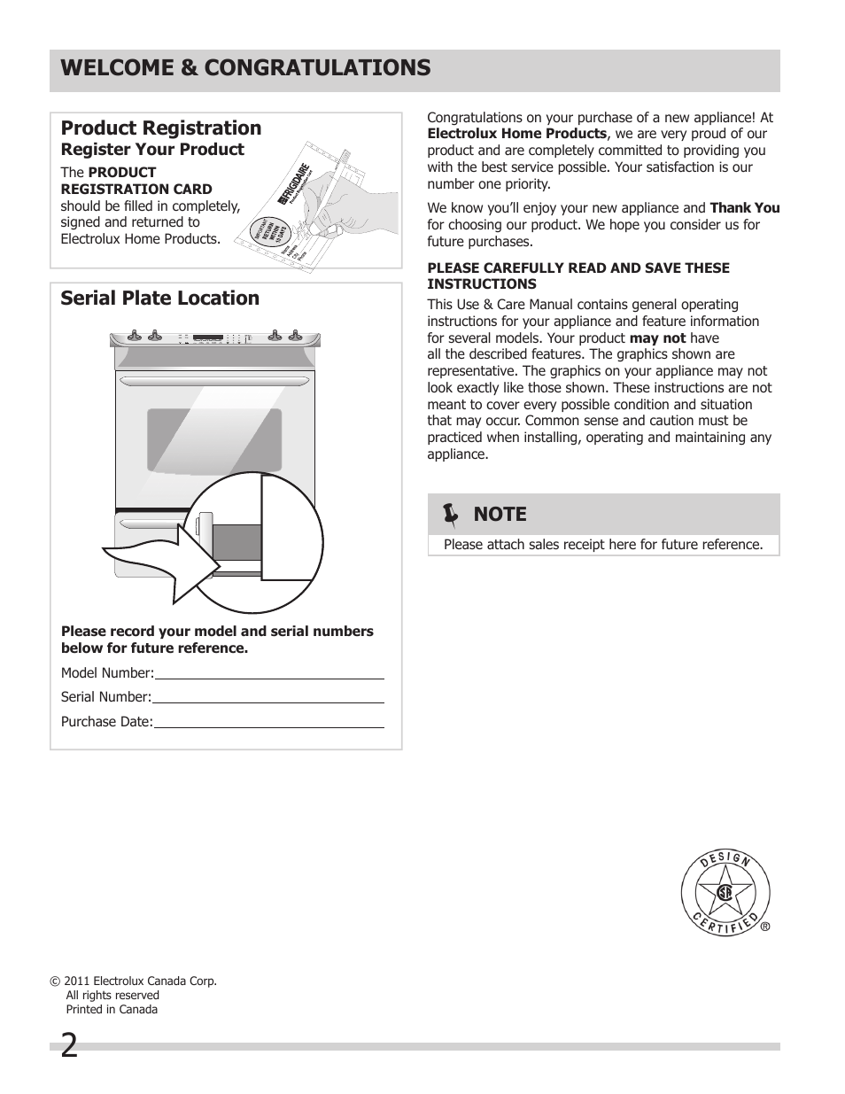 Product registration, Serial plate location | FRIGIDAIRE FGGS3065KB User Manual | Page 2 / 40