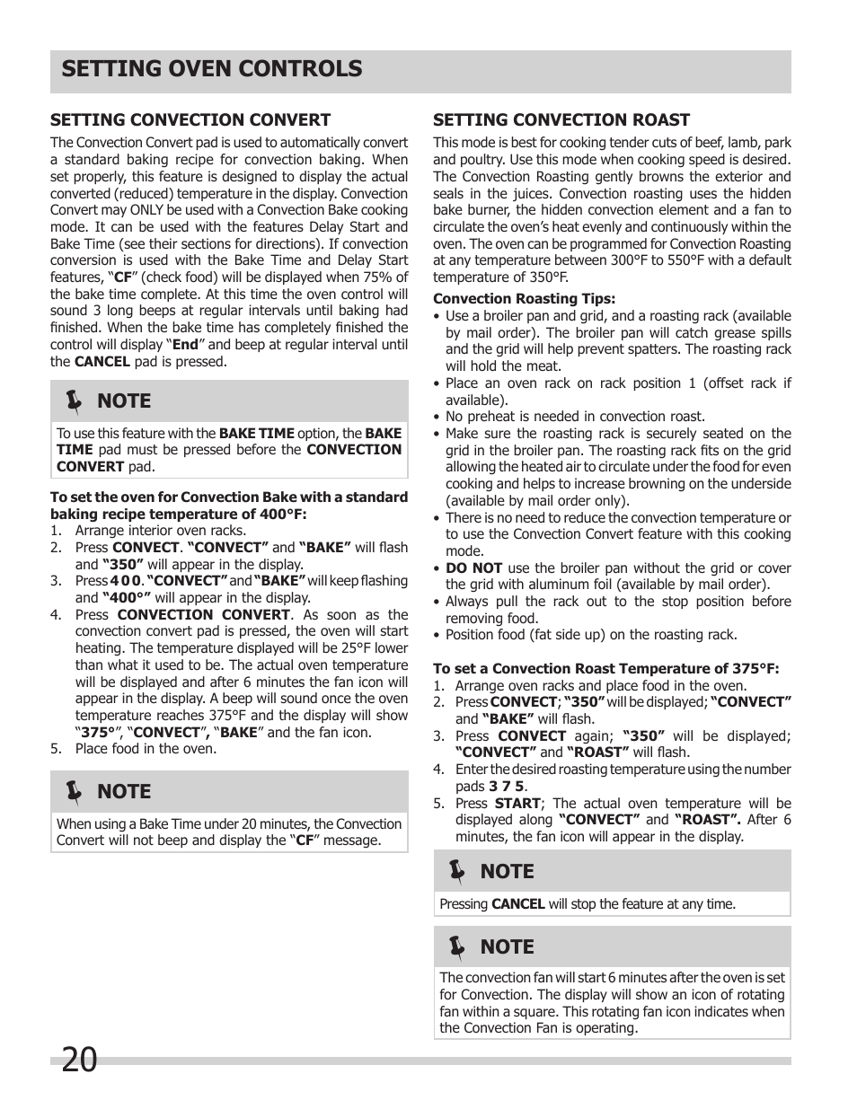 Setting oven controls | FRIGIDAIRE FGGS3065KB User Manual | Page 20 / 40