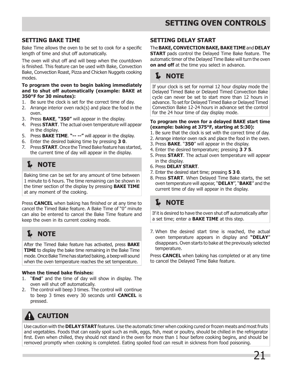Setting oven controls, Caution | FRIGIDAIRE FGGS3065KB User Manual | Page 21 / 40