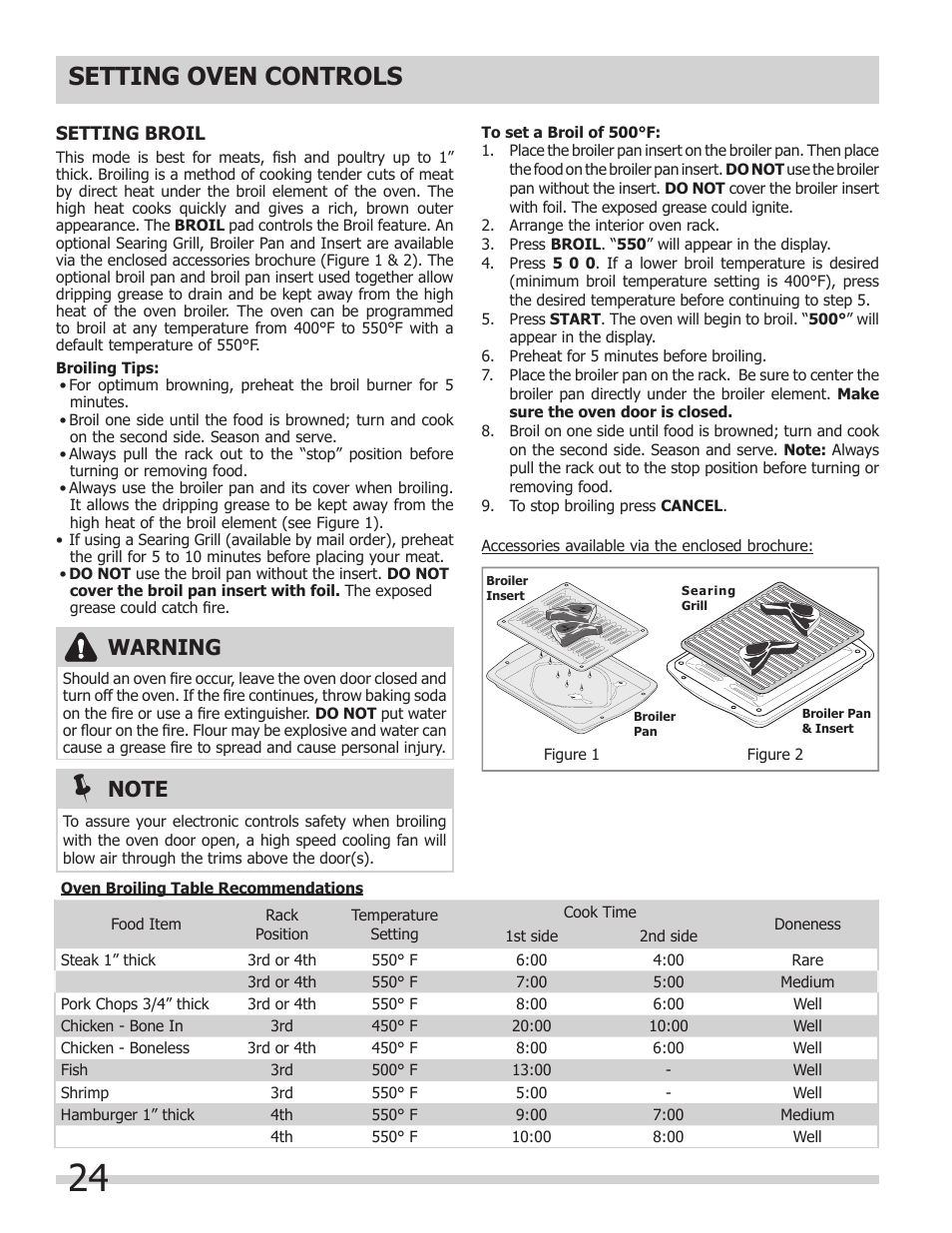 Setting oven controls, Warning | FRIGIDAIRE FGGS3065KB User Manual | Page 24 / 40