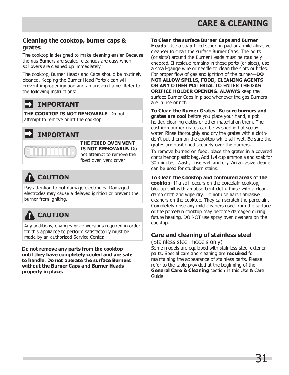 Care & cleaning, Important, Caution | FRIGIDAIRE FGGS3065KB User Manual | Page 31 / 40