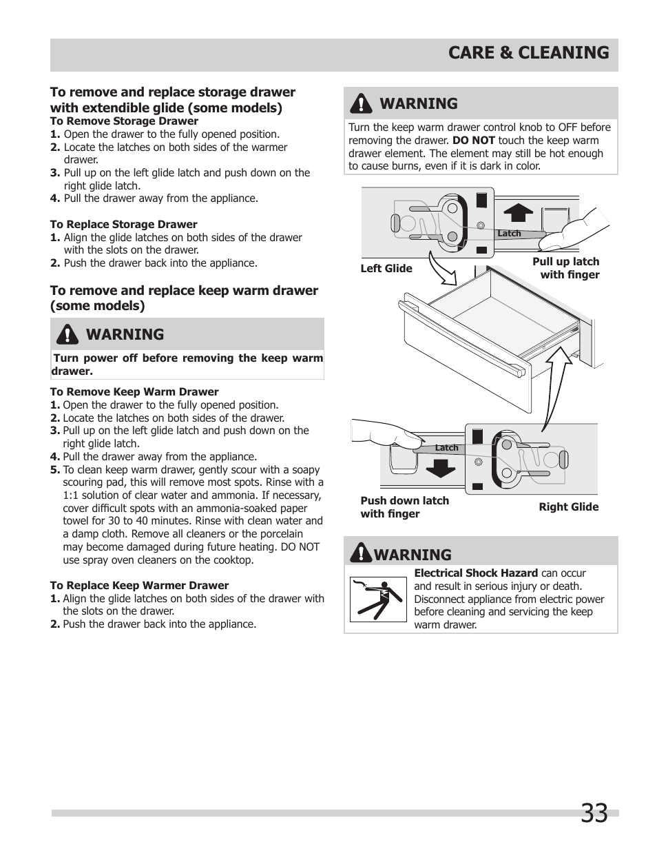 Care & cleaning, Warning | FRIGIDAIRE FGGS3065KB User Manual | Page 33 / 40