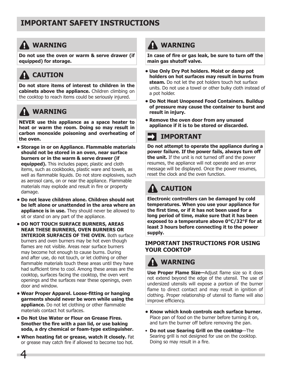 Important safety instructions, Warning, Caution | Important | FRIGIDAIRE FGGS3065KB User Manual | Page 4 / 40