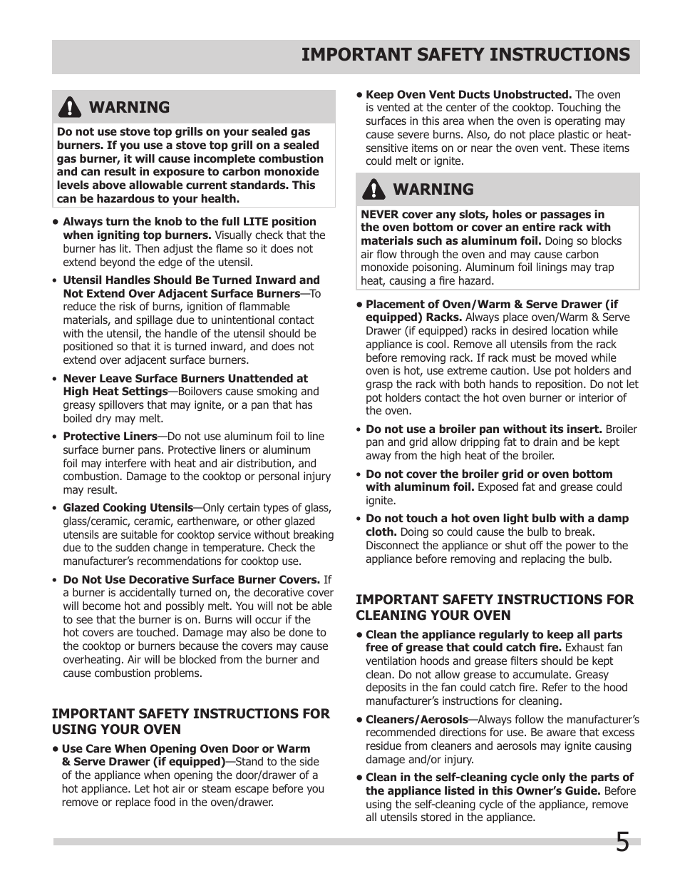 Important safety instructions, Warning | FRIGIDAIRE FGGS3065KB User Manual | Page 5 / 40