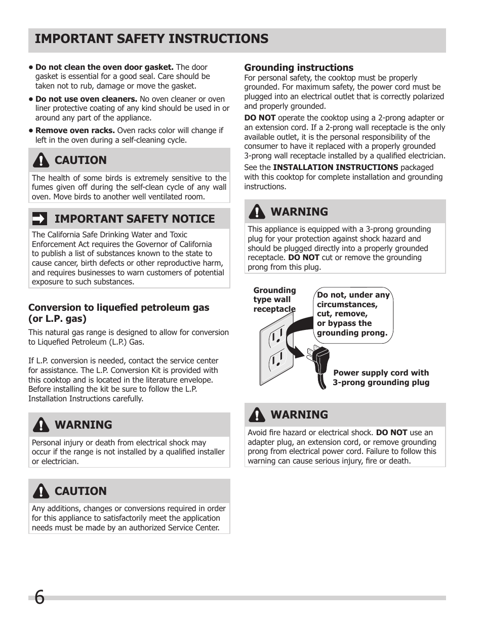 Important safety instructions, Caution, Important safety notice | Warning | FRIGIDAIRE FGGS3065KB User Manual | Page 6 / 40