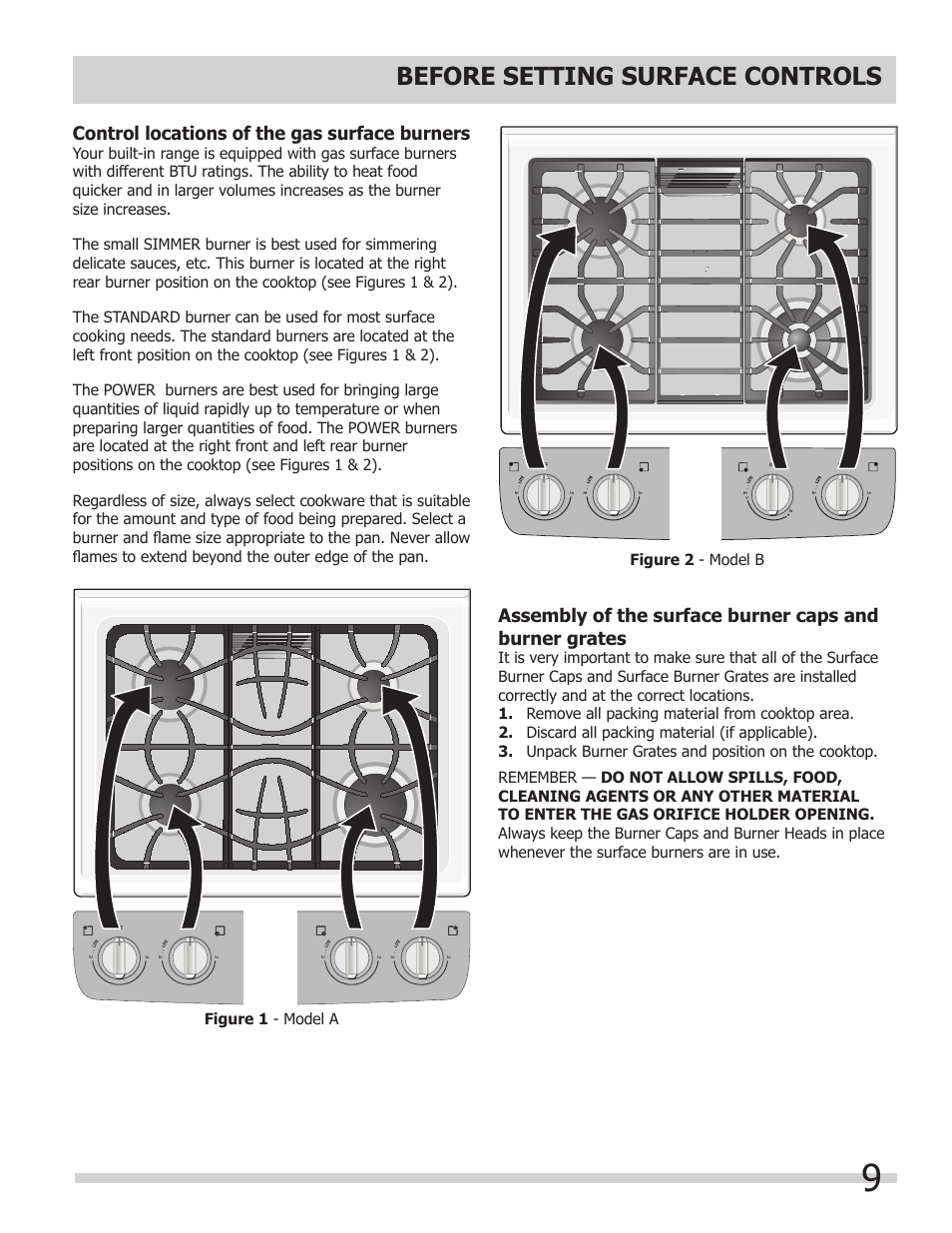 Before setting surface controls, Control locations of the gas surface burners, Figure 1 - model a figure 2 - model b | FRIGIDAIRE FGGS3065KB User Manual | Page 9 / 40