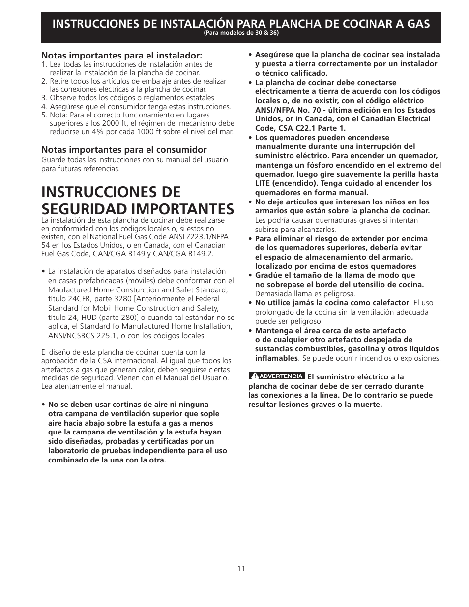 Instrucciones de seguridad importantes | FRIGIDAIRE FFGC3025LW User Manual | Page 11 / 28