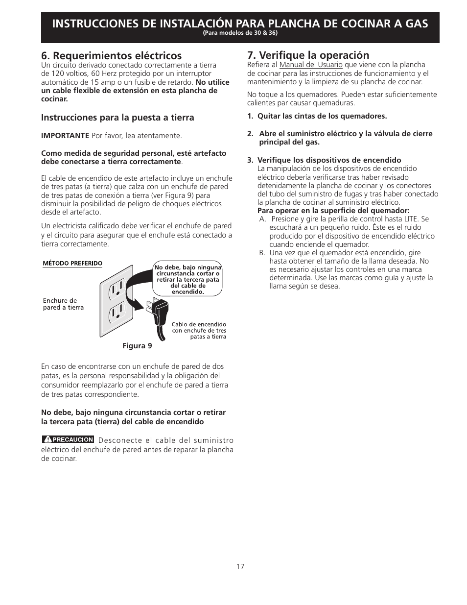 Verifique la operación, Requerimientos eléctricos | FRIGIDAIRE FFGC3025LW User Manual | Page 17 / 28