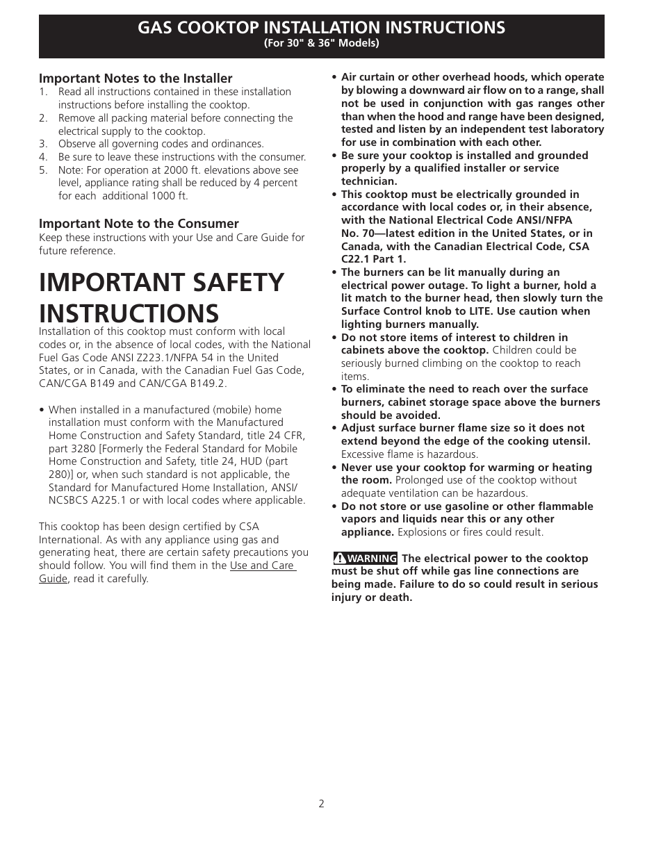 Important safety instructions, Gas cooktop installation instructions | FRIGIDAIRE FFGC3025LW User Manual | Page 2 / 28