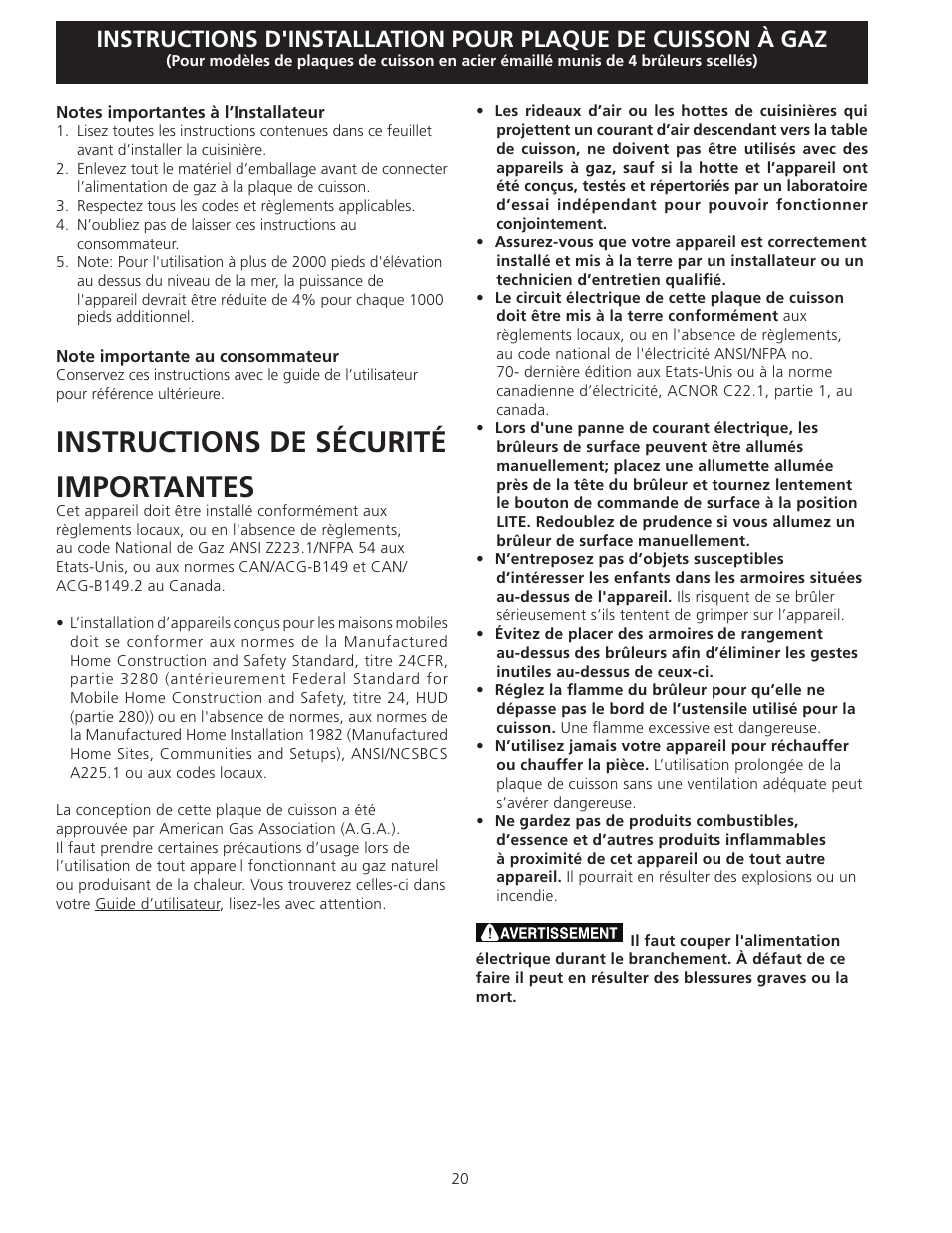 Instructions de sécurité importantes | FRIGIDAIRE FFGC3025LW User Manual | Page 20 / 28