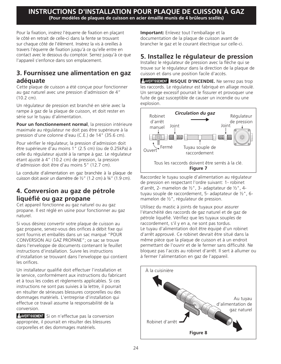 Fournissez une alimentation en gaz adéquate, Installez le régulateur de pression | FRIGIDAIRE FFGC3025LW User Manual | Page 24 / 28