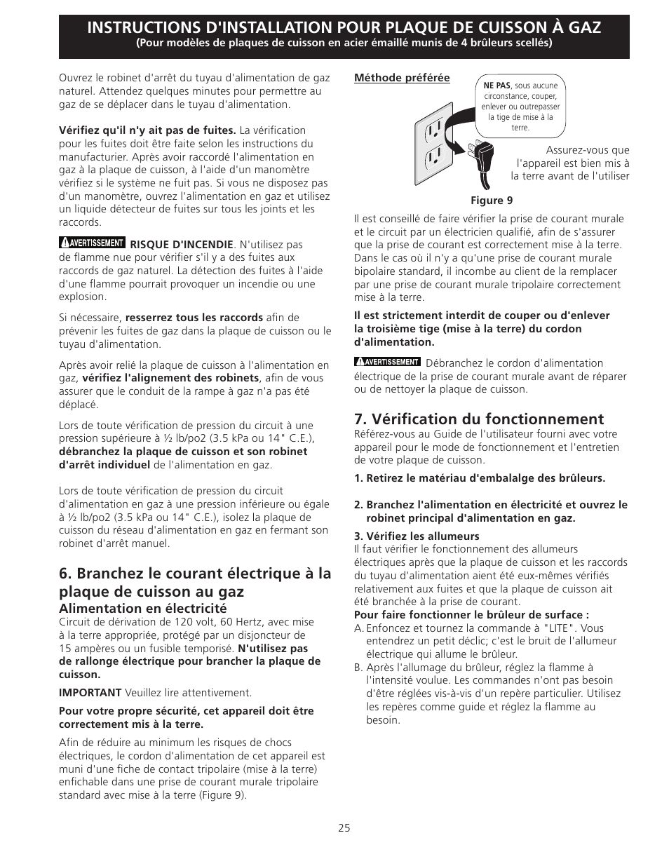 Vérification du fonctionnement | FRIGIDAIRE FFGC3025LW User Manual | Page 25 / 28