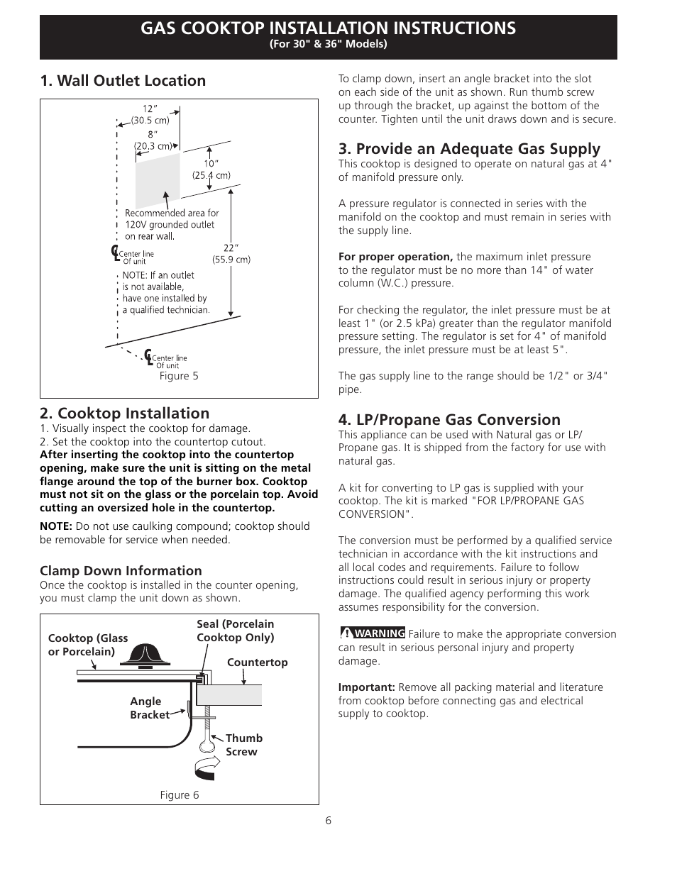 Gas cooktop installation instructions, Provide an adequate gas supply, Lp/propane gas conversion | Wall outlet location, Cooktop installation | FRIGIDAIRE FFGC3025LW User Manual | Page 6 / 28