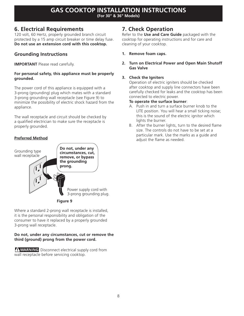 Gas cooktop installation instructions, Check operation, Electrical requirements | FRIGIDAIRE FFGC3025LW User Manual | Page 8 / 28