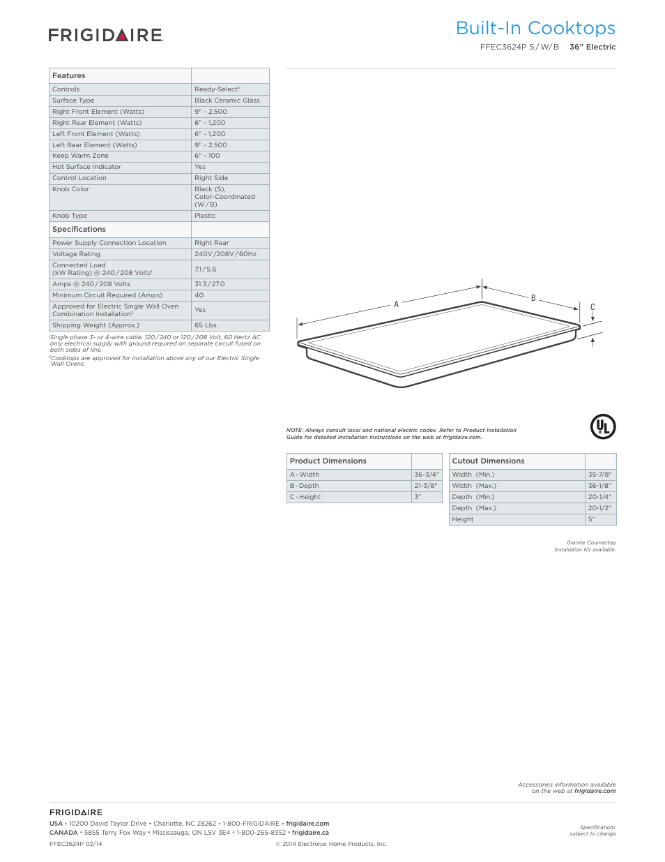 Drop-in electric cooktops frigidaire baseline, Built-in cooktops | FRIGIDAIRE FFEC3624PB User Manual | Page 2 / 5