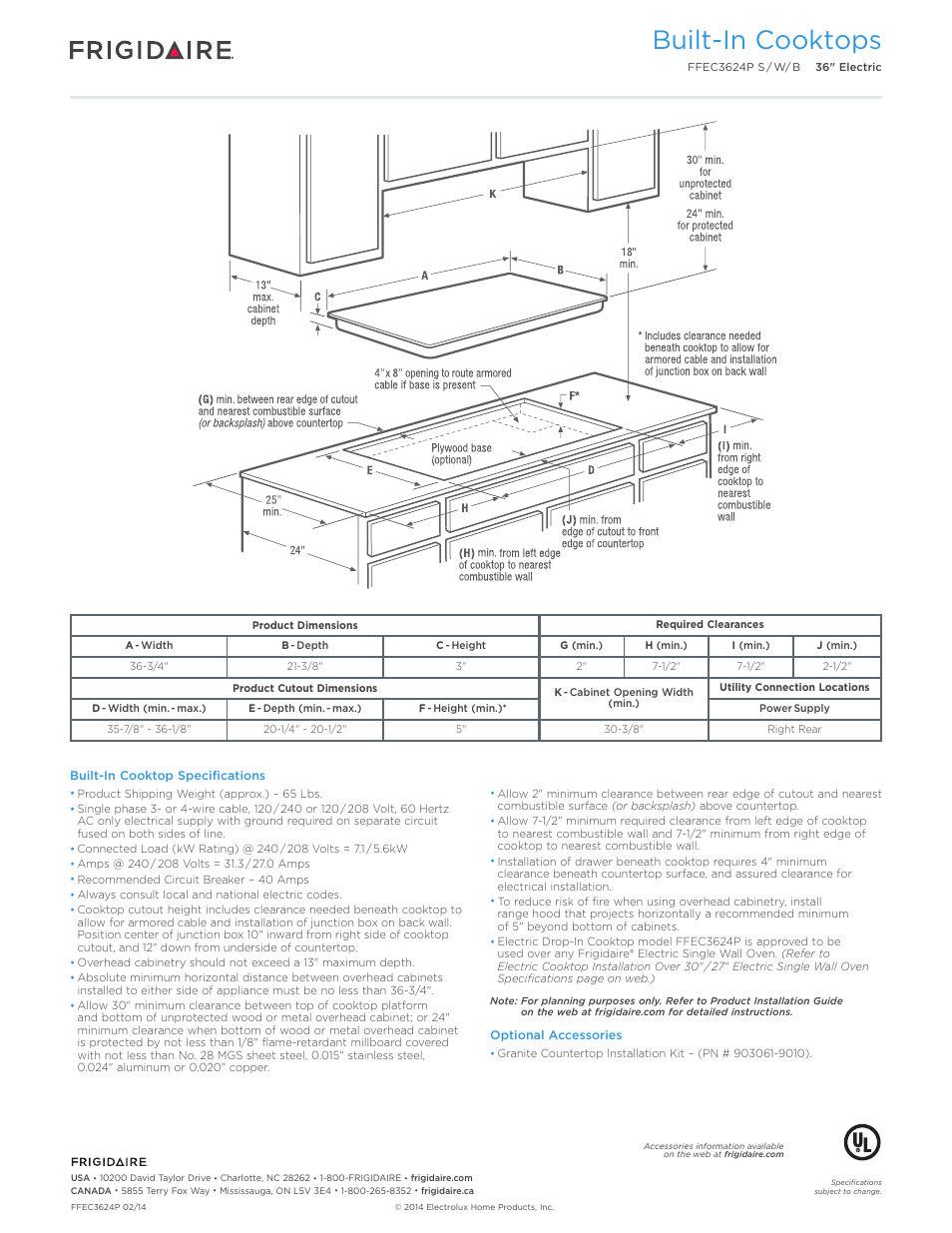 Drop-in induction / electric cooktops, Professional / gallery / baseline, Built-in cooktops | Callouts must be charted per individual model) | FRIGIDAIRE FFEC3624PB User Manual | Page 3 / 5