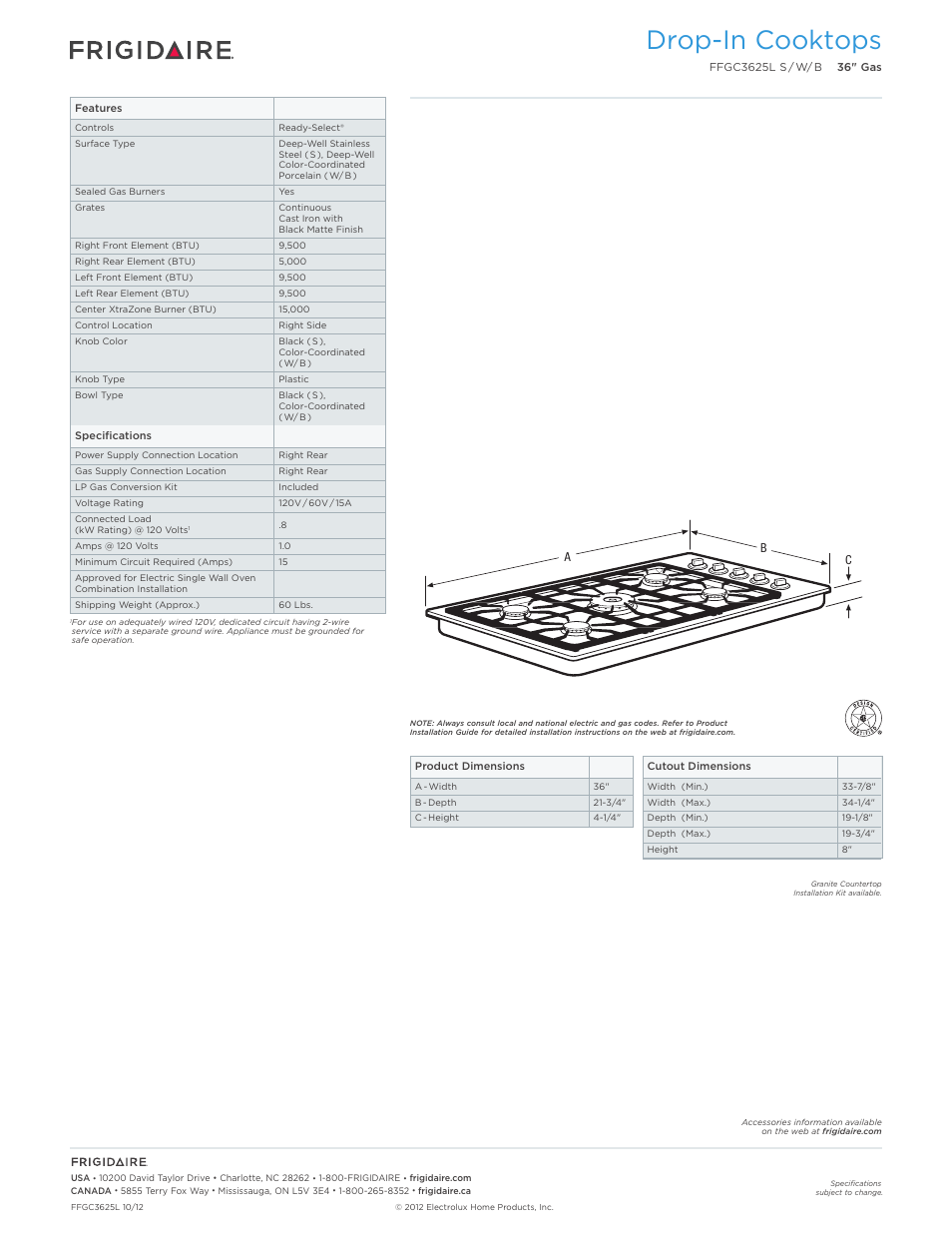 Drop-in gas cooktops frigidaire baseline, Drop-in cooktops | FRIGIDAIRE FFGC3625LB User Manual | Page 2 / 5