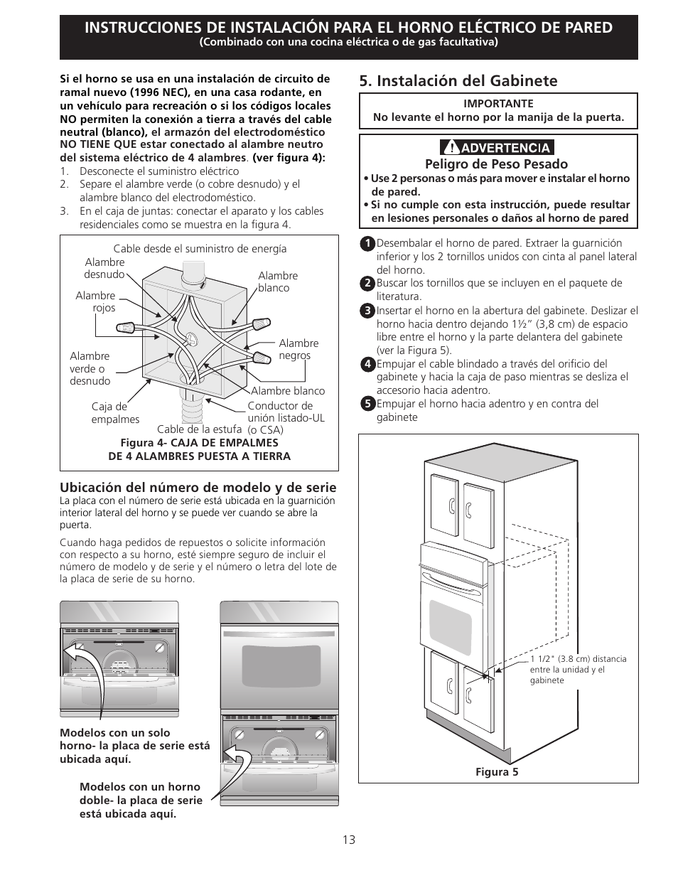 Instalación del gabinete | FRIGIDAIRE FGET3065KB User Manual | Page 13 / 24