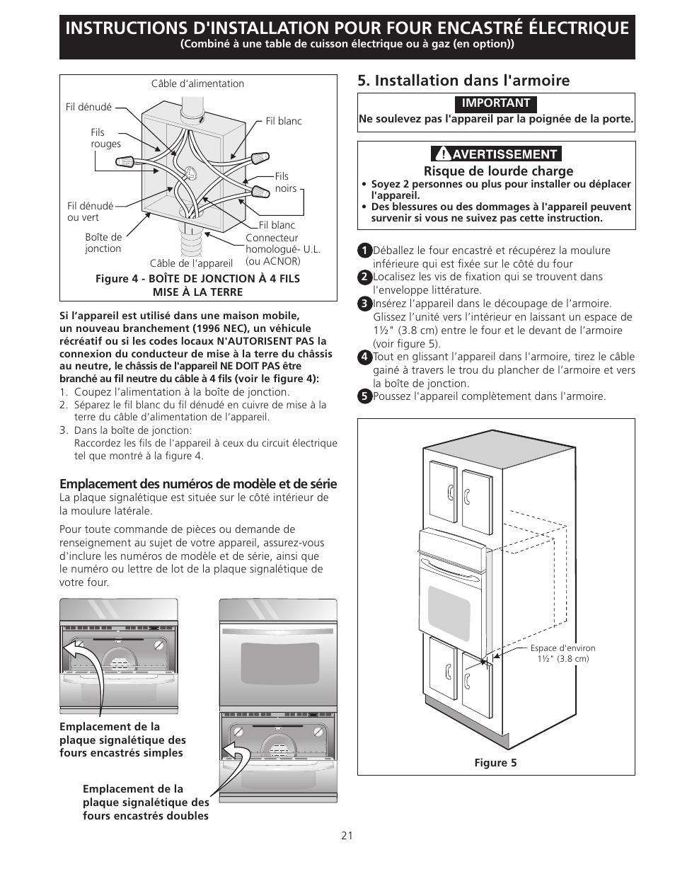 Installation dans l'armoire | FRIGIDAIRE FGET3065KB User Manual | Page 21 / 24