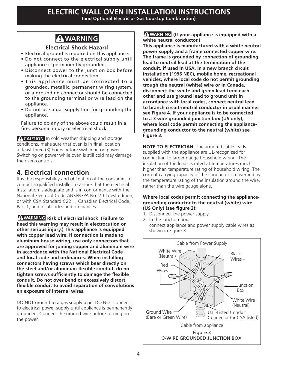 Electric wall oven installation instructions, Electrical connection | FRIGIDAIRE FGET3065KB User Manual | Page 4 / 24