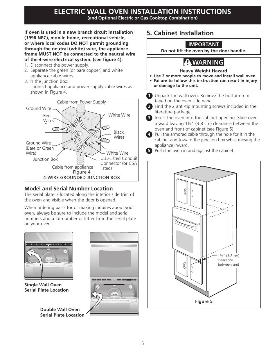 Electric wall oven installation instructions, Cabinet installation | FRIGIDAIRE FGET3065KB User Manual | Page 5 / 24